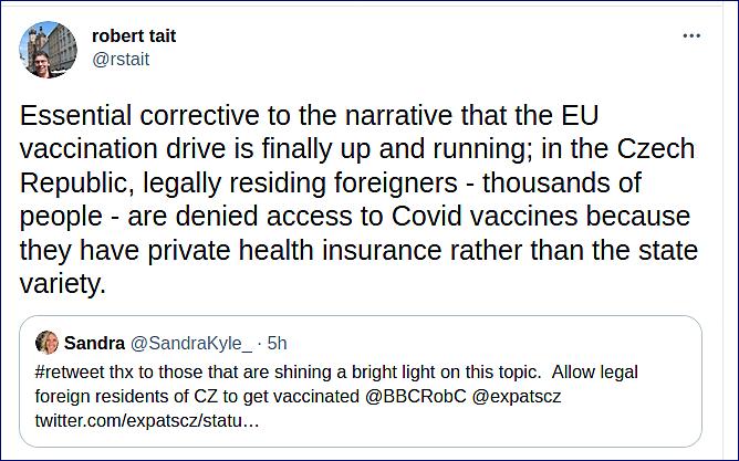 Cizincům s trvalým pobytem v ČR a soukromým zdravotním pojištěním je odpírán přístup k vakcínám proti covidu